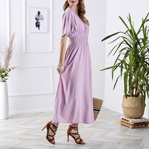 Pink women's long dress with envelope neckline - Clothing