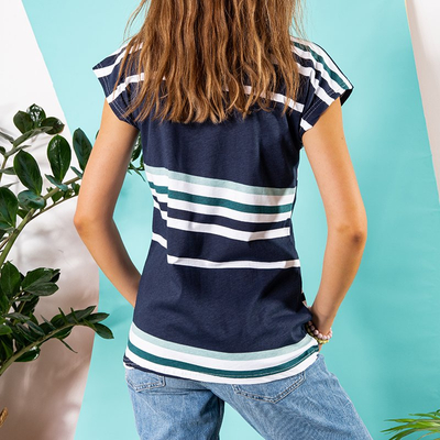 Women's navy blue striped t-shirt with a print - Clothing