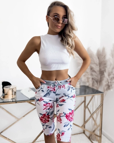 Бело-розовые женские шорты 3/4 с принтом PLUS SIZE - Одежда