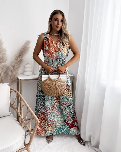 Sieviešu midi kleita zaļā un oranžā krāsā ar rakstu Apģērbs