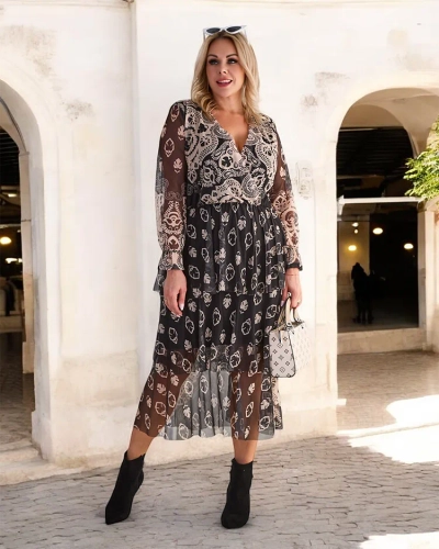 Royalfashion Melnbalts un bēšs sieta midi kleita ar apdruku