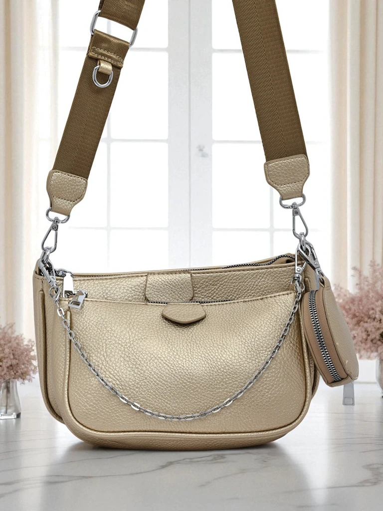 Golden Calista Multi Eco-Leather Handbag with Chain and Pouch