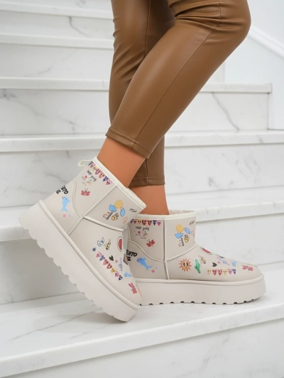 Botki Lemuria - Kremowe Śniegowce Doodle na Grubej Podeszwie Furrini