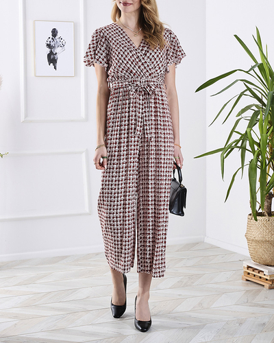 Patterned long women's jumpsuit with binding in red- Clothing