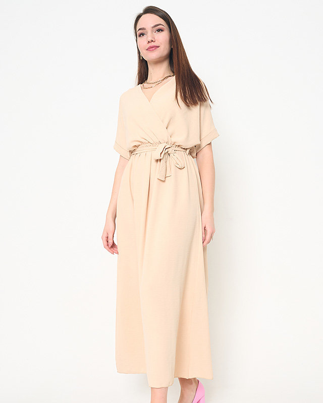 Beige women's simple dress with envelope neckline - Clothing