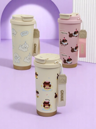 Royalfashion Thermal mug with a basket, straw, and spout Happy Dog