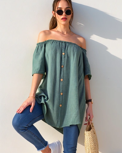 Royalfashion kokvilnas sieviešu blūze a'la Spāņu ar dekoratīvām pogām