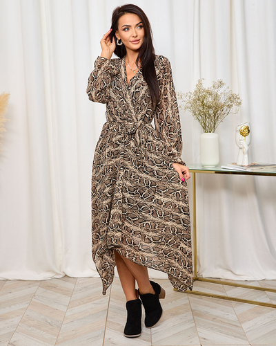 Royalfasion Dark brown women's long dress with fashionable print