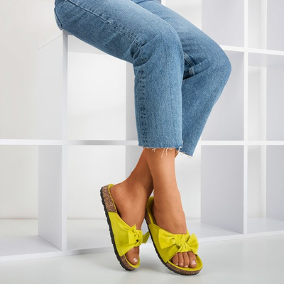 Green women's slippers with a Sun and Fun bow - Footwear