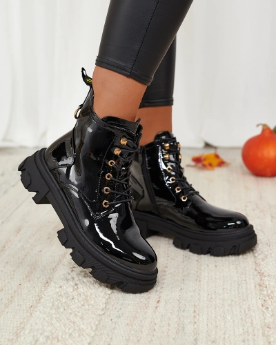 Royalfashion Melni lakoti sieviešu siltināti bagger zābaki Setogia