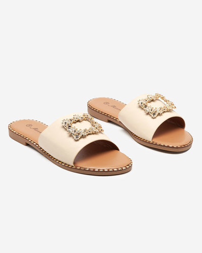 OUTLET Elegant beige women's slippers with golden decoration Meriso - Footwear