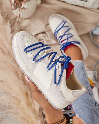 Balti pelēkas sieviešu sporta kedas ar tumši zilām aukliņām Olierinc - Apavi