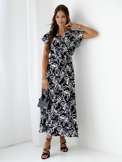 Royalfashion Patterned women's midi dress with short sleeves, wrap neckline, and belt