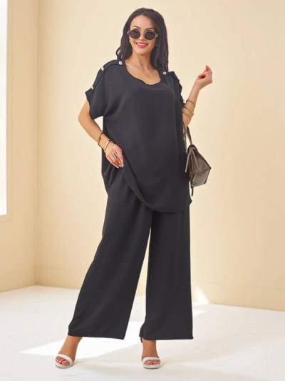 Royalfashion Sieviešu kokvilnas komplekts ar īsām piedurknēm un plašām biksēm