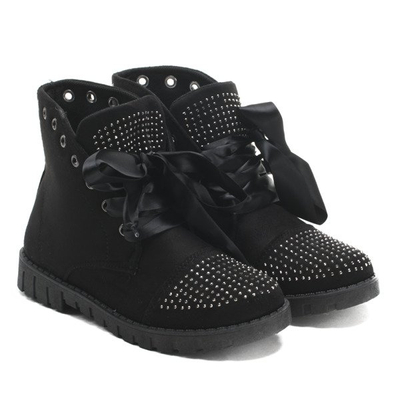 Czarne botki zamszowe wiązane wstążką - Obuwie