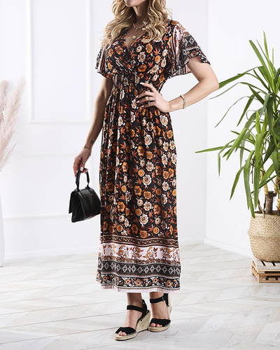 Women's floral maxi dress in black and orange - Clothing