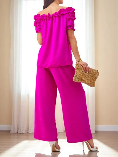 Royalfashion Women's set with an off-the-shoulder top with short sleeves and decorative neckline, and flared pants
