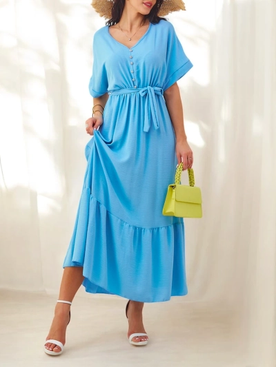 Royalfashion Women's midi dress with short sleeves and decorative buttons