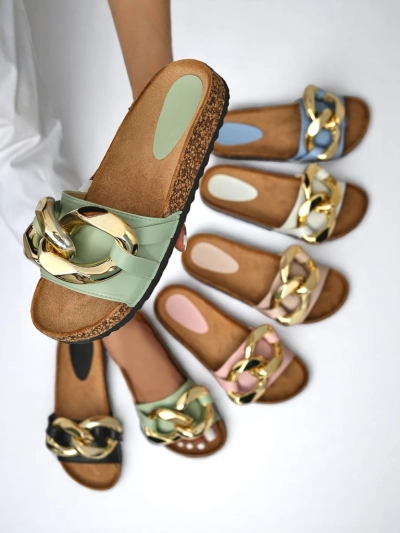 Thalia Royalfashion women's green sandals with a chain on a flat sole