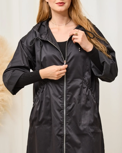 Black women's coat jacket with hood- Clothing