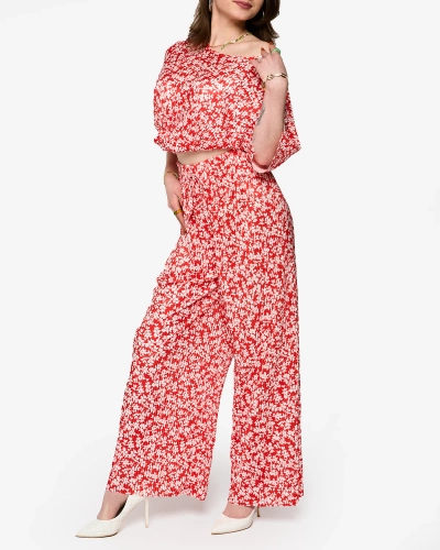 Red women's pleated set with black flowers - Clothing