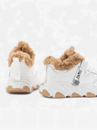 Women's white sports sneakers with Nonua fur - Footwear