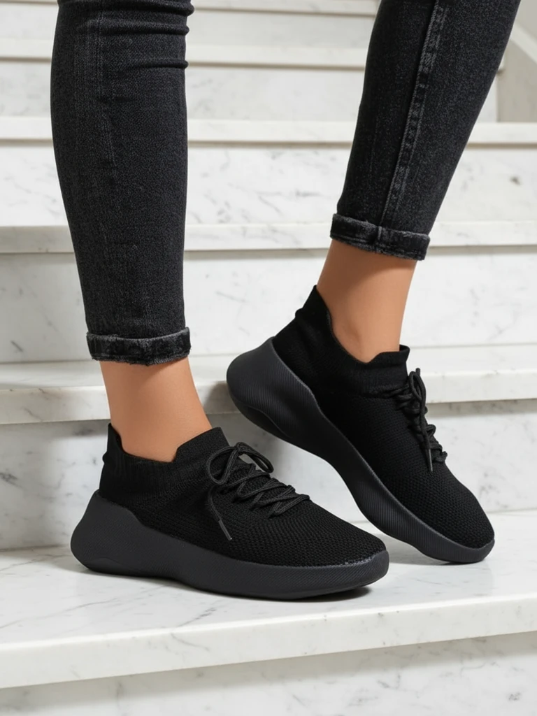 Women's Aura Nero Black Fabric Sneakers on a 4.5cm Flat Sole