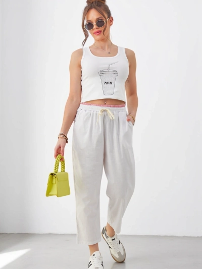 Royalfashion kokvilnas platās sieviešu bikses ar saiti