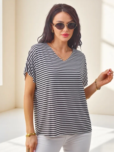 Royalfashion Women's viscose striped blouse with short sleeves and glitter finish