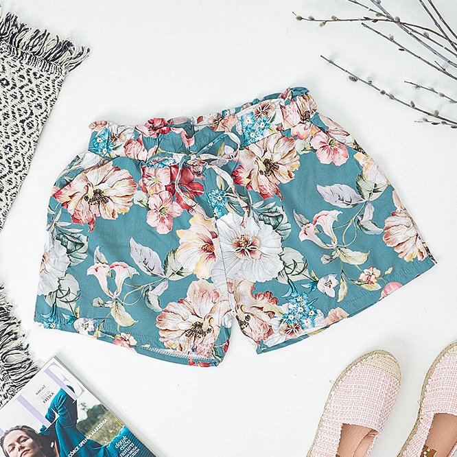 Blue women's floral shorts PLUS SIZE - Clothing