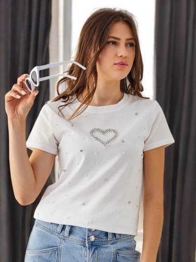 Royalfashion Women's Cotton T-Shirt with Beaded Heart