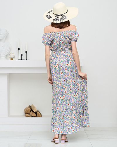 Длинное летнее женское зеленое платье с фиолетовыми цветами - Одежда