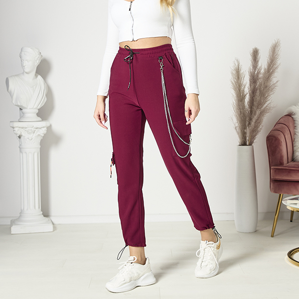 Maroon women's combat pants with chain- Clothing