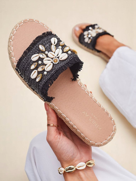 Royalfashion Helena Decor Women's Sandals Black Espadrilles with Shells