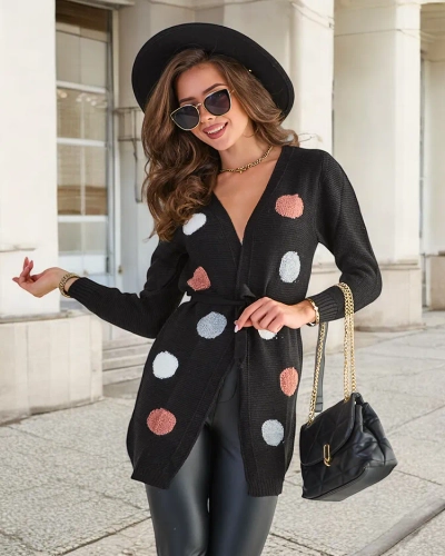 Women's Black Tied Cardigan with Colored Circles - Clothing