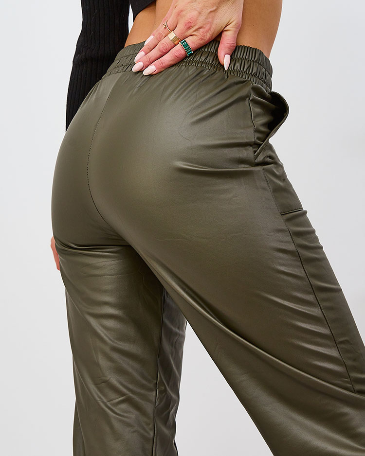 Royalfashion Fleece-lined women's eco leather pants in green