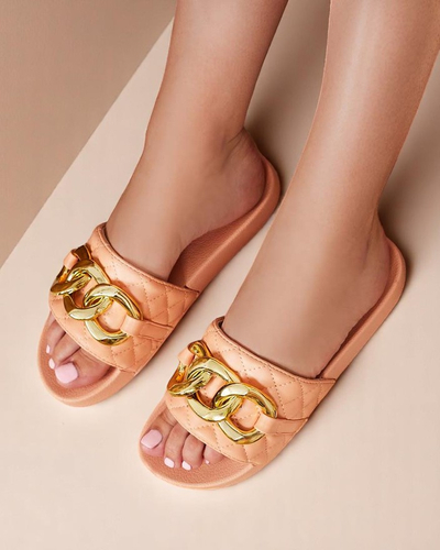 Royalfashion Coral women's quilted flip-flops with gold chain Eteris