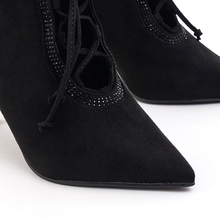 Black women's tied ankle boots with cubic zirconia Amitela - Footwear
