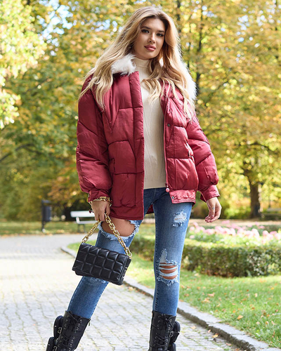 Maroon women's winter jacket with synthetic down fill - Clothing
