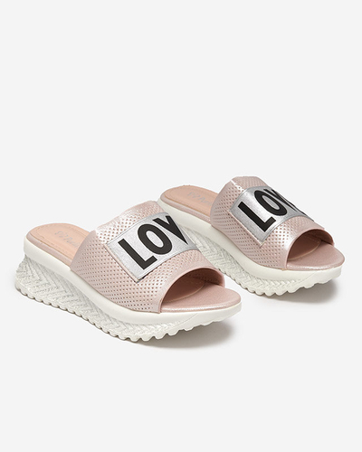 Pink shiny women's slippers with the words Sosha- Footwear