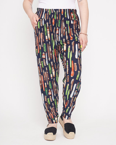 Patterned navy blue women's pants - Clothing