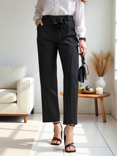 Royalfashion Viscose straight women's trousers with a flower