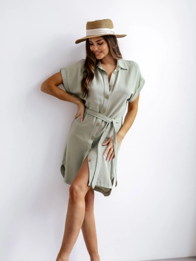 Royalfashion Sieviešu mini kleita ar īsām piedurknēm un pogu aizdari jostai