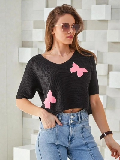 Royalfashion Sieviešu kokvilnas īsais džemperis ar tauriņiem