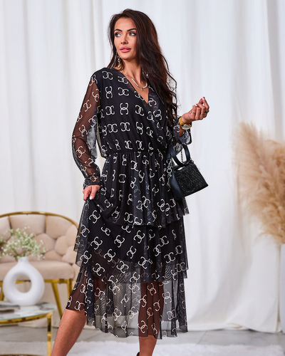 Royalfashion Melna sieta midi kleita ar apdruku