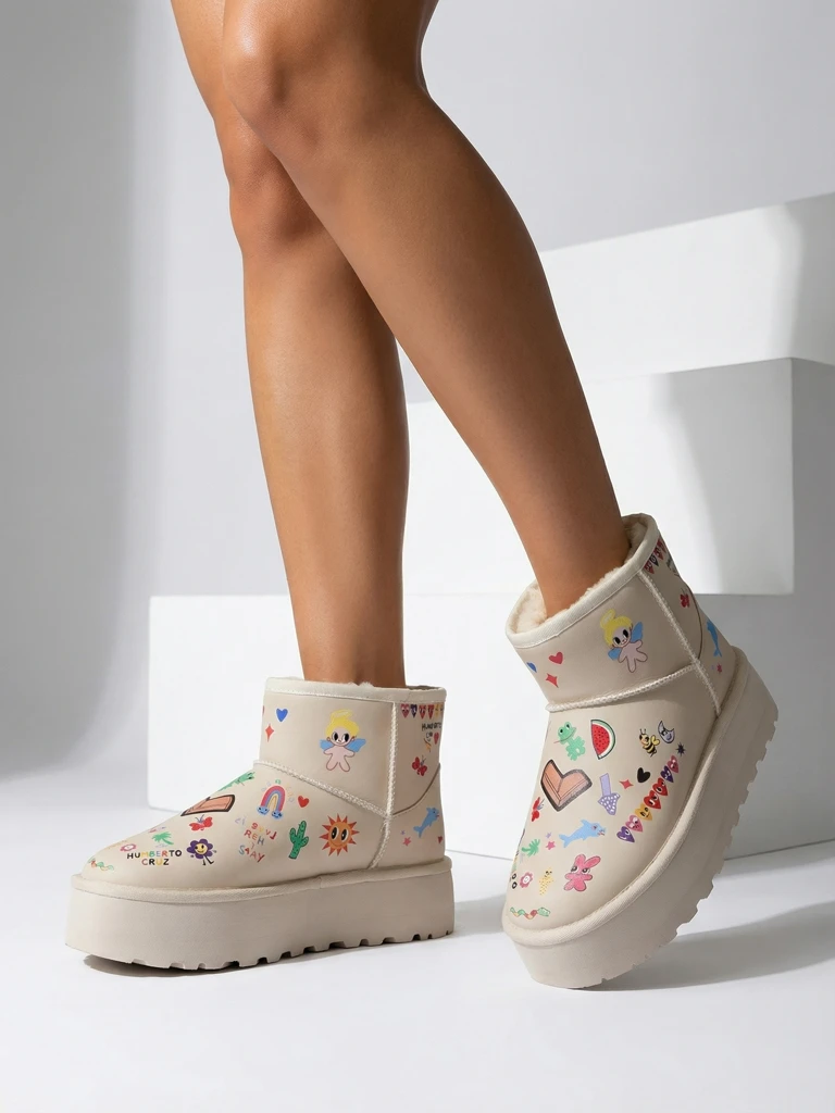 Lemuria Boots - Cream Doodle Snow Boots on a Thick Sole Furrini