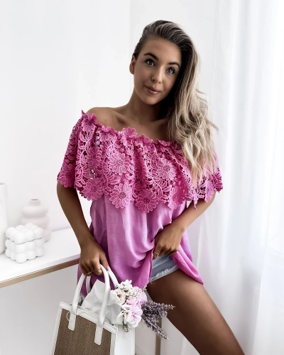 Royalfashion Pink women's blouse a'la hiszpanka with lace