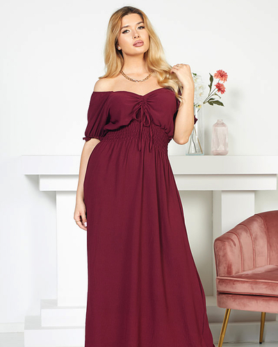 Midi dress with an elastic waist in burgundy color - Clothing