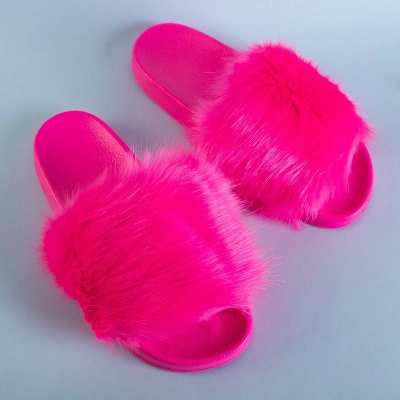 OUTLET Neon pink women's slippers with fur Danita - Footwear