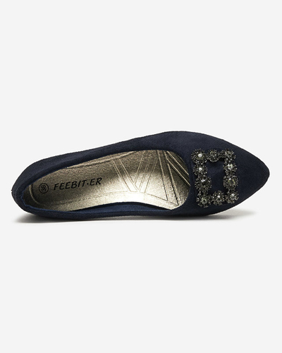 Navy blue women's eco-suede ballerinas with Linselisa ornament - Shoes